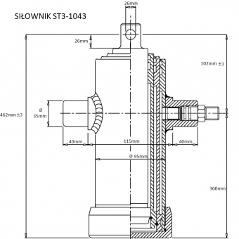 Siłownik teleskopowy 1043mm przyczepy,  ST3-1043, wysów -1043mm, L-46cm